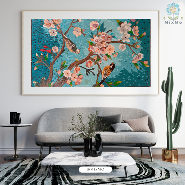 ⁦Large Wall Art with Ginkgo Flowers and Bird Mosaic Design, 70x50 cm, Customizable⁩ - الصورة ⁦3⁩