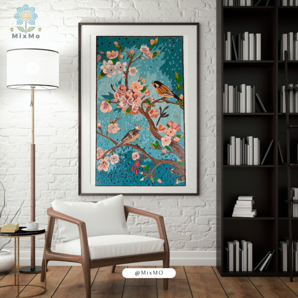 ⁦Large Wall Art with Ginkgo Flowers and Bird Mosaic Design, 70x50 cm, Customizable⁩ - الصورة ⁦4⁩