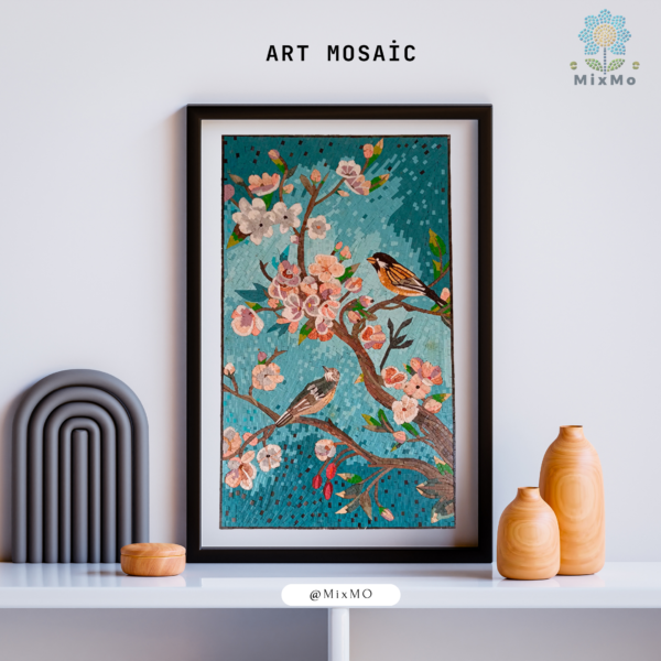 ⁦Large Wall Art with Ginkgo Flowers and Bird Mosaic Design, 70x50 cm, Customizable⁩ - الصورة ⁦5⁩