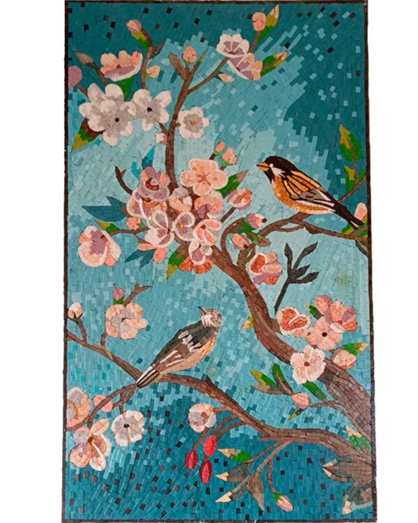 Large Wall Art with Ginkgo Flowers and Bird Mosaic Design, 70x50 cm, Customizable