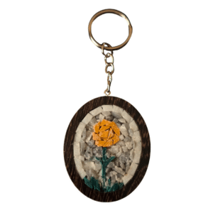 Handmade mosaic keychain featuring a beautiful yellow rose design with natural stones