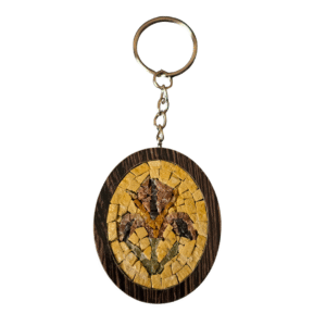 Handmade mosaic keychain featuring a beautiful black iris design with natural stones