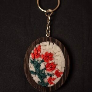 Handmade Mosaic Keychain – Red Rose Design with Natural Stone