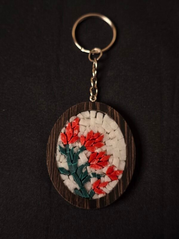 Handmade Mosaic Keychain – Red Rose Design with Natural Stone