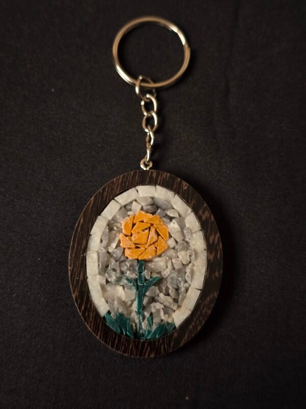 Handmade Mosaic Keychain – Yellow Rose Design with Natural Stone